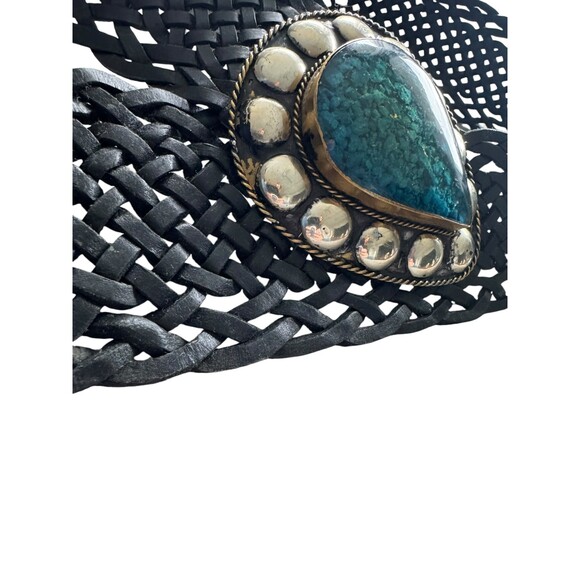 Vintage Black Braided Leather Extra Wide Statement belt Malachite Turquoise main image 4